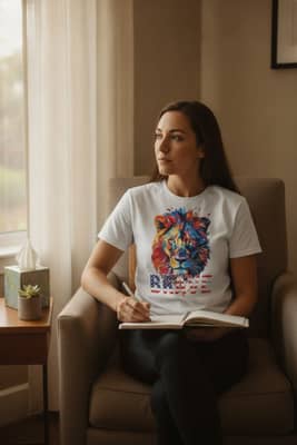 Person in a white Stay Brave lion tee sits in a therapist's waiting room holding a journal and pen.