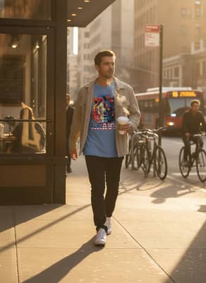 Person in a Blue Jean colored lion tee walks out of a coffee shop with a to-go cup on a first workday morning.
