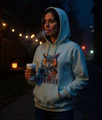 Person in a light blue owl hoodie holds a paper cup of tea on a quiet sidewalk under streetlights after trick-or-treating.