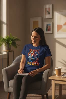 A person wearing a navy t-shirt with a tiger design sits calmly in a cozy therapy waiting room.