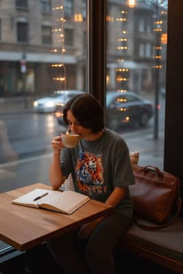 Person in a coffee shop window seat wearing a pepper tee with a clear print, notebook and mug on the table, rainy street and orange lights outside.
