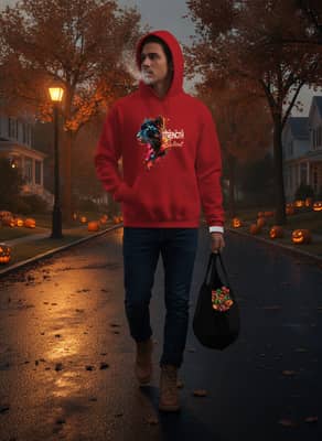 Person in a red hoodie with a front print walking at dusk on Halloween, carrying a candy tote, reflective wrist strap visible, jack-o’-lanterns glowing.