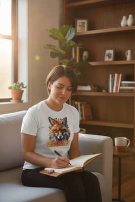 Person journaling on a sunlit sofa wearing a white t-shirt with a minimal fox illustration and bold text across the chest.