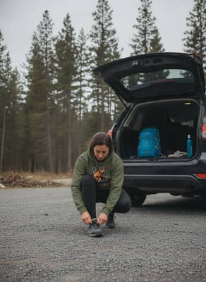 Person lacing running shoes beside an open car trunk at a trailhead, wearing an olive green hoodie with a chest graphic.