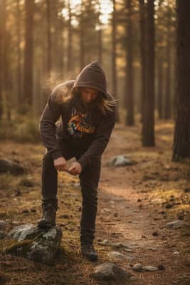 A person in a dark chocolate fox hoodie tightens their shoe on a gravel trailhead at golden hour.