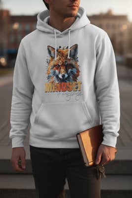 White “Mindset Is Everything” hoodie worn on community center steps at late afternoon, journal and keys in hand, sleeves pushed up.