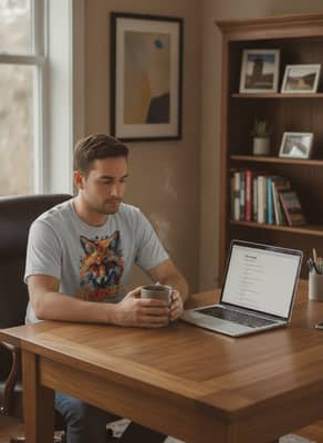 Sport grey “Mindset Is Everything” tee worn at a home office desk with a mug and open laptop showing a to‑do list.