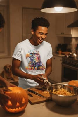 A person in a white eagle graphic t-shirt laughs mid pumpkin-carving in a warmly lit kitchen with a dog resting nearby.