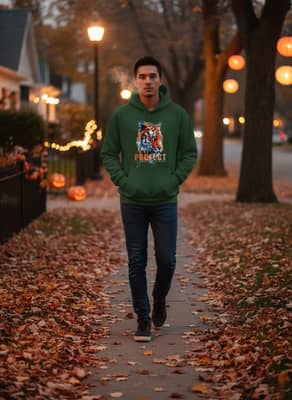 A person walks a leaf-covered sidewalk at night in a forest green tiger graphic hoodie, hands tucked in the kangaroo pocket near soft streetlights.