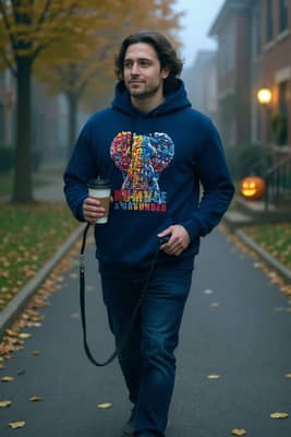A person in a navy elephant-print hoodie walks a leashed dog through a foggy, tree-lined neighborhood in early morning.