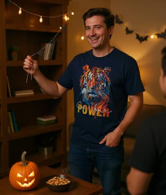 Two adults hang a bat garland over a bookshelf in a lamplit living room, one wearing a navy tiger-print t-shirt, with a carved pumpkin on the table.