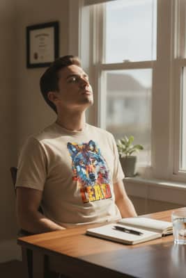 Person in a sand-colored wolf tee leaning back at a desk by a window, journal open and eyes closed in late-morning light.