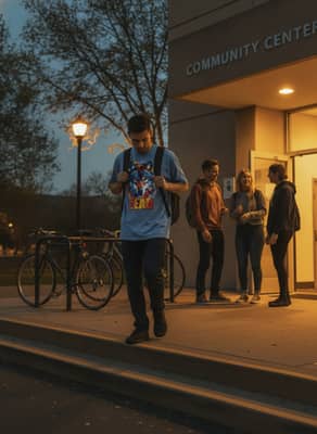 Person in a blue jean wolf tee leaving a community center at dusk with friends nearby and streetlights coming on.