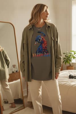 A person stands at a bedroom mirror wearing a black peacock t-shirt, chinos, a thin chain, and a soft overshirt left open.