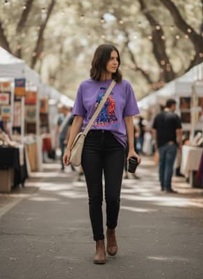 A person browses an outdoor art market wearing a violet peacock print t-shirt, black jeans, and a canvas crossbody bag.