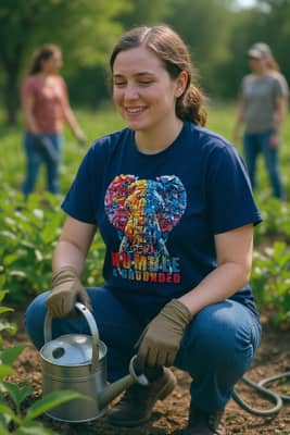 Person in a navy Stay Humble tee kneeling to water leafy garden beds during a weekend community volunteer morning.