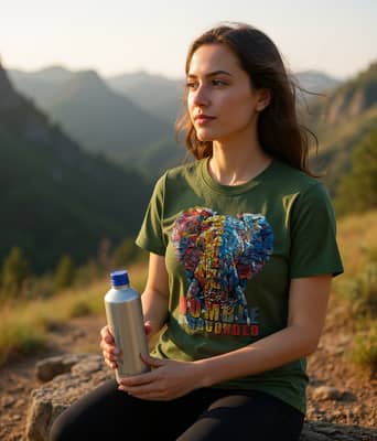 Person wearing a moss green Stay Humble tee resting on a trail overlook at golden hour with a water bottle in hand.