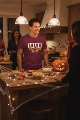 Person wearing a maroon t-shirt standing in a kitchen setting out snacks next to a lit jack-o-lantern and spiderweb decorations.