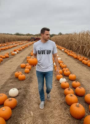 Person wearing an ash grey t-shirt walking through a pumpkin patch on an overcast day holding a small pumpkin.