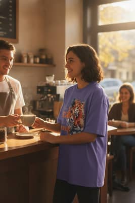 Person in a violet tiger graphic tee chatting with a barista at a cozy coffee shop counter as a latte is handed over.