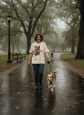 Person in an ivory fox graphic tee walking a rescue dog through a leafy city park after light rain.