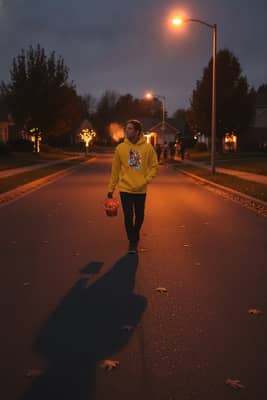 A person walks a suburban cul-de-sac at twilight in a gold tiger graphic hoodie, candy pail in hand, under sodium streetlights.