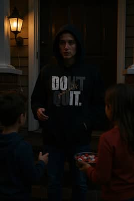 Person on a front porch at night in a black hoodie, handing out candy from a bowl under mixed porch and streetlight.