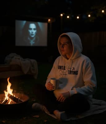 Person in a white hoodie seated by a backyard fire pit at a scary-movie night, holding a steaming mug near a projector screen.