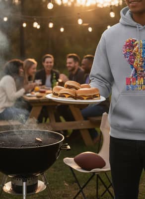 Person wearing a sports grey hoodie holds a plate of sliders near a barbecue grill with friends in the background.