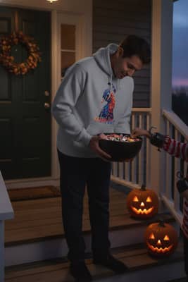 Person in a sports grey hoodie on a front porch at dusk, handing out candy with pumpkins and a fall wreath nearby; peacock graphic clearly visible.