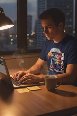 A person in a navy eagle tee sits at a home desk in evening lamp light, hands paused above a laptop keyboard beside a steaming mug.
