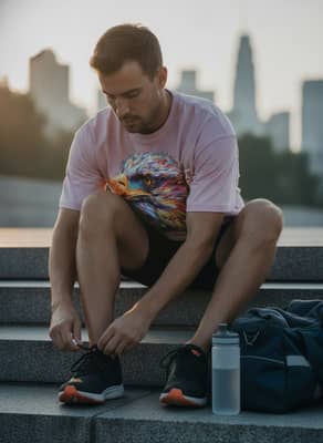 A person in a blossom-colored eagle tee ties a running shoe on city steps at sunrise, gym bag and water bottle nearby, skyline behind.