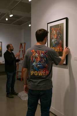 A person in a Pepper tiger t-shirt lifts a framed wildlife print onto a gallery wall during install day under tungsten track lights.