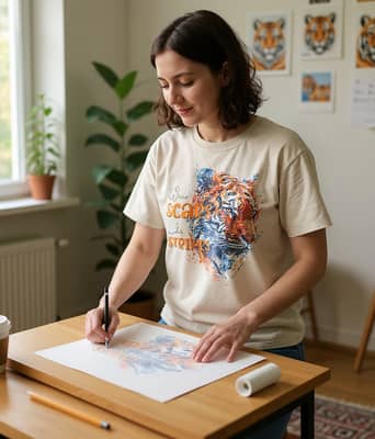 A person in an Ivory tiger t-shirt sketches tiger studies at a drafting table with reference photos taped to the wall in morning light.
