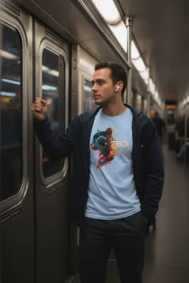 Person standing by a subway door wearing a light blue t-shirt with a panther graphic under an unzipped jacket.