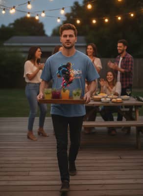 Person carrying drinks at a backyard gathering at dusk wearing a blue jean t-shirt featuring panther art.