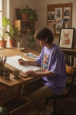 Artist in a sunlit home studio wearing a violet fox t-shirt while sketching at a drafting table with plants and tools around.