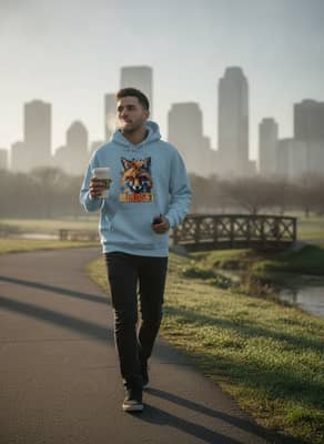 Person in a light blue fox hoodie on a cool morning walk in a city park, coffee in hand, with long shadows and city skyline.
