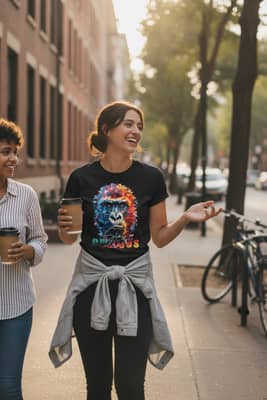Person in a Black gorilla graphic tee walks a tree-lined city sidewalk with a friend, coffees in hand, golden light.