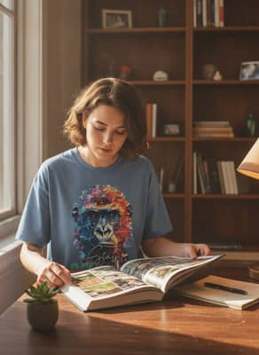 Person in a Blue Jean gorilla graphic tee sits at a wooden desk reading a nature book beside a small potted plant.