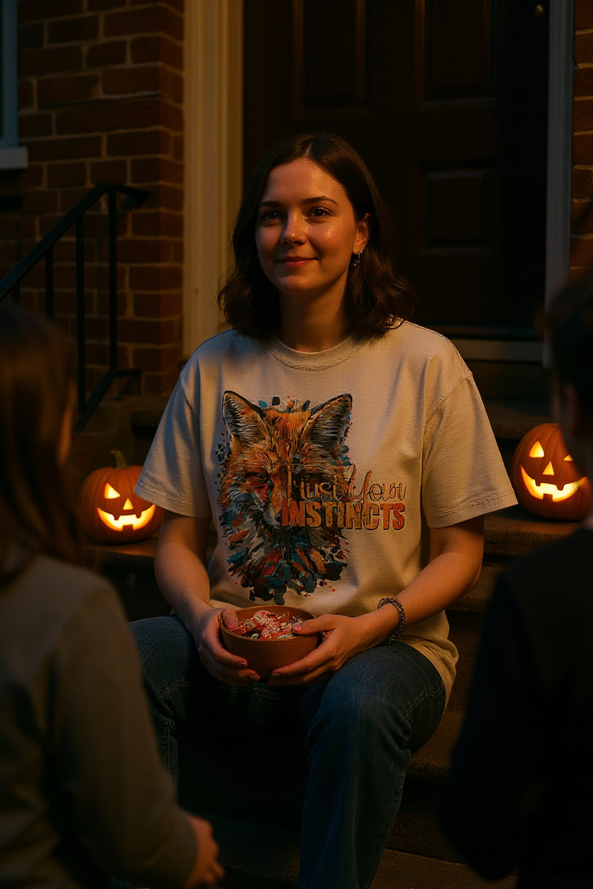 Person in an ivory tee sitting on a brownstone stoop handing out candy to trick-or-treaters among glowing jack-o'-lanterns.
