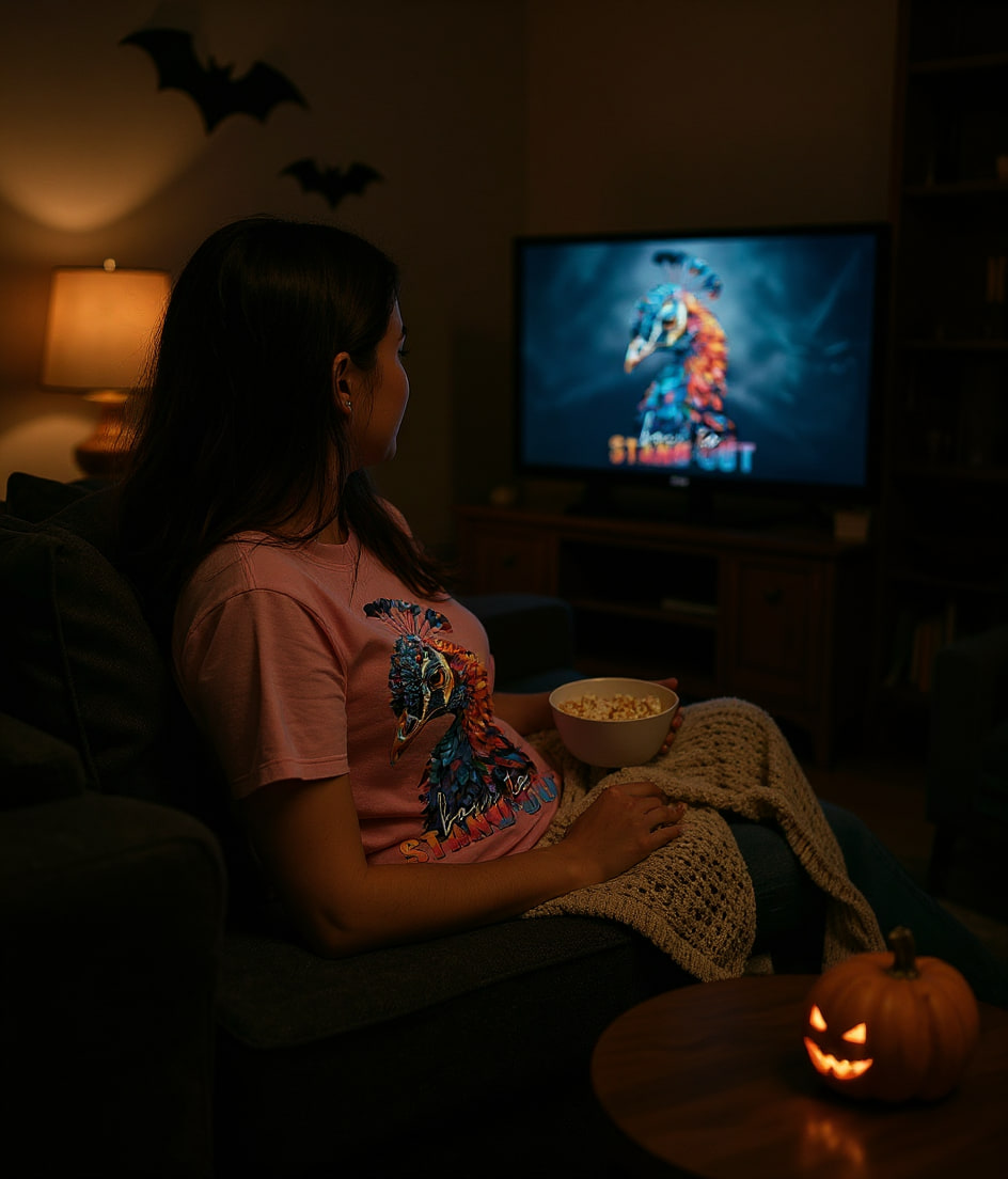 Person in a blossom-pink peacock-print tee curled on a sofa with a popcorn bowl during a horror-movie night with friends.