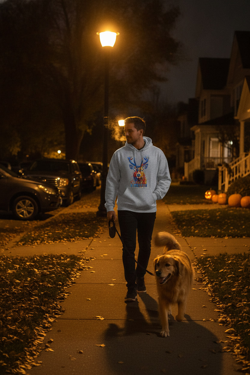 Person walking a medium dog on a quiet autumn street at night wearing a grey hoodie with a deer graphic.