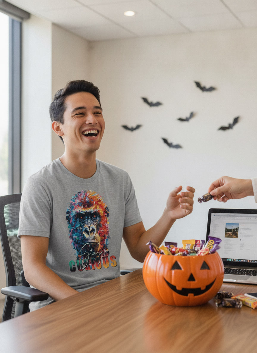 Person laughing in an office break room next to a pumpkin candy bowl wearing a grey gorilla graphic t-shirt.