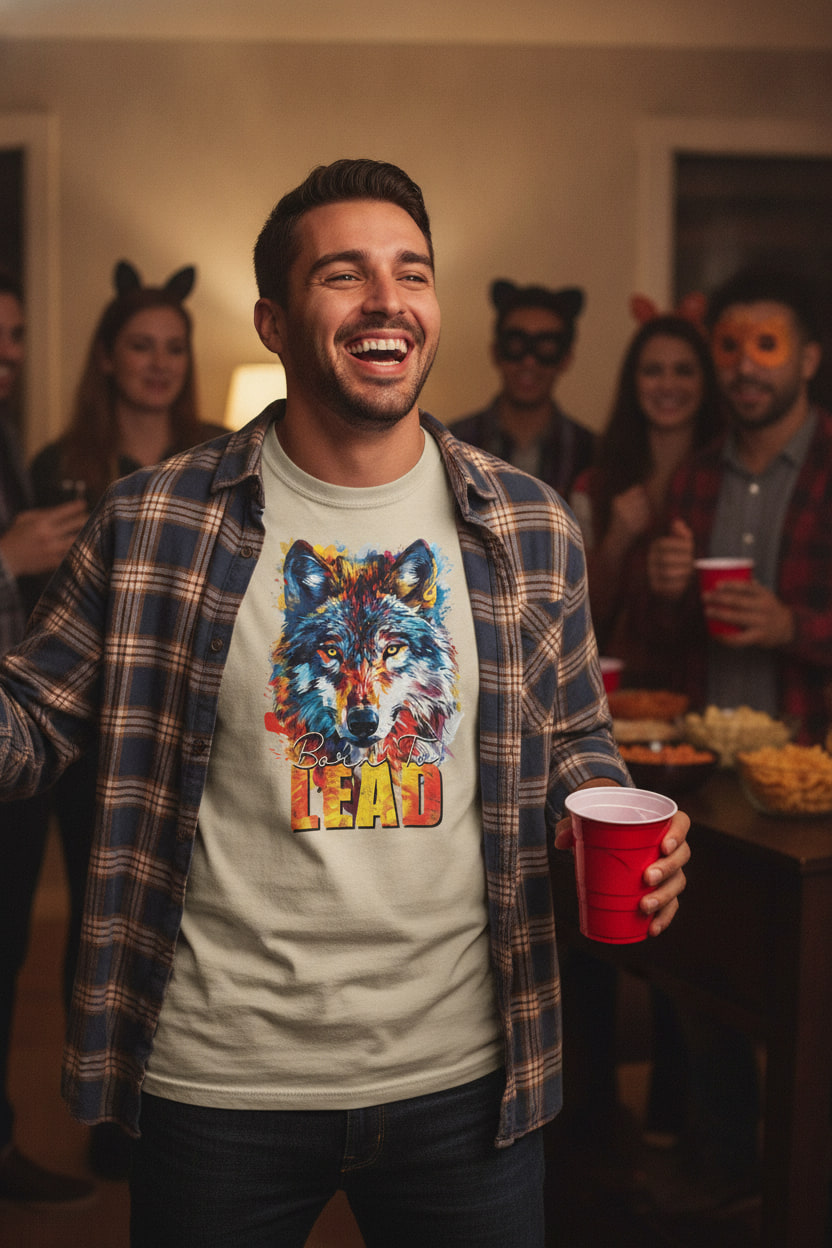 Person wearing a sand wolf graphic t‑shirt at an indoor Halloween house party, laughing with friends in simple masks.