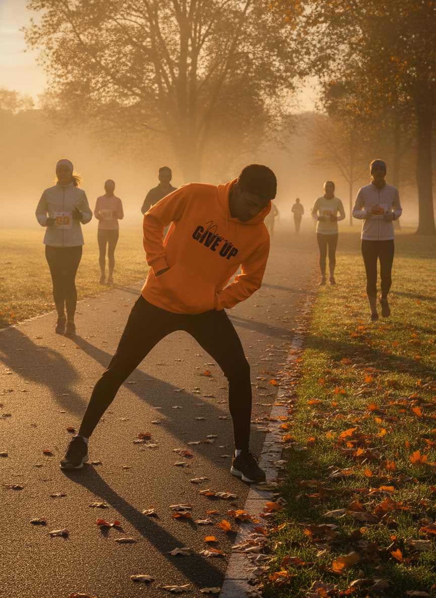 Runner in an orange hoodie stretching at sunrise in an October park with fall leaves and mist.