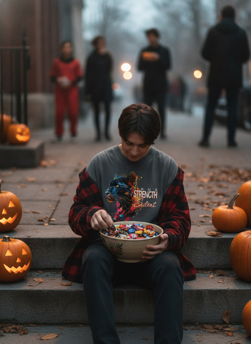 Someone in a pepper-colored panther tee sits on a city stoop handing out candy, with an open flannel and streetlights behind.