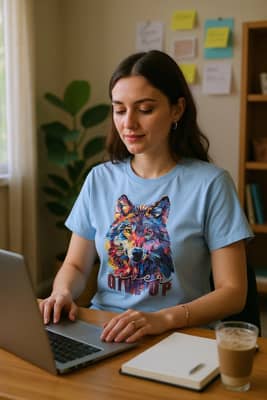 Woman in a light blue Never Give Up wolf tee studies at a dorm desk with sticky notes, a planner, and iced coffee nearby.