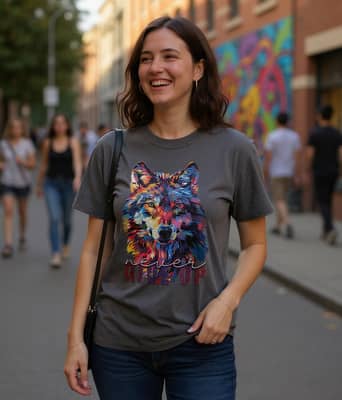 Woman in a pepper-colored Never Give Up wolf tee laughs in front of a colorful street mural during a city photo walk.