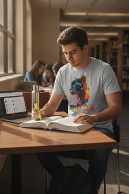 Student wearing a sport grey panther t-shirt reading a textbook in a busy campus library.